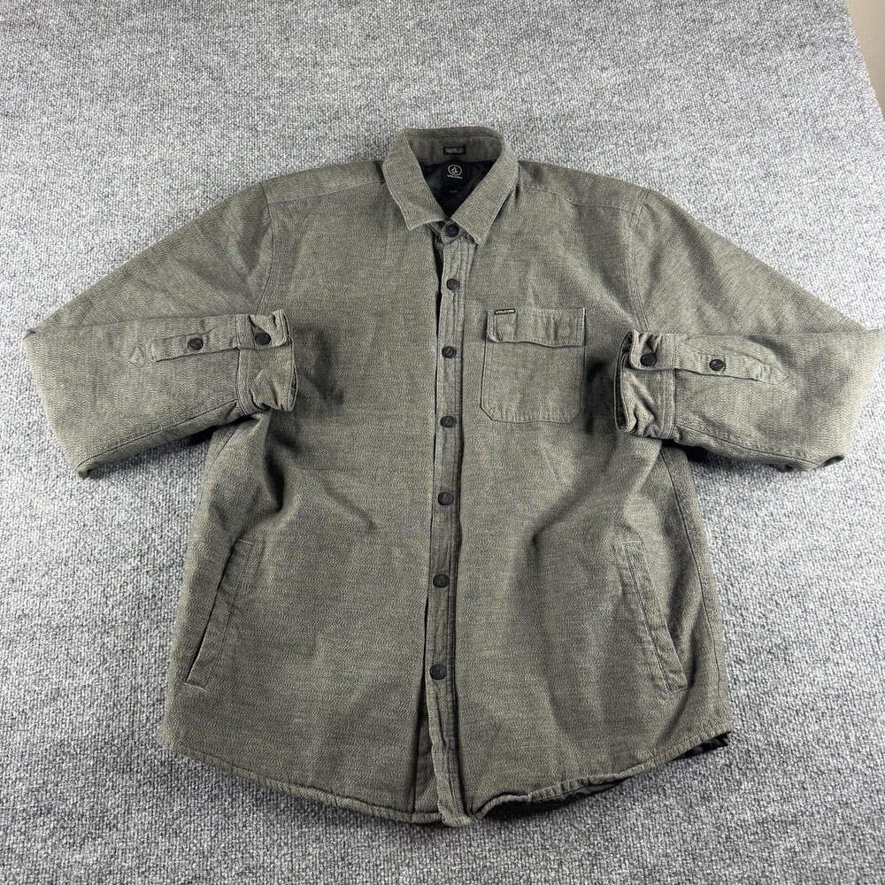 Volcom Jacket Mens XL Green Herringbone Flannel Quilted Lined Snap Insulated